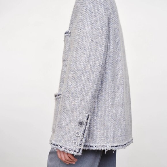 CHICJOC Handwoven Tweed Coat – Moonlight Grey with Night-Sky Sequin Fringe, Size - Picture 6 of 16
